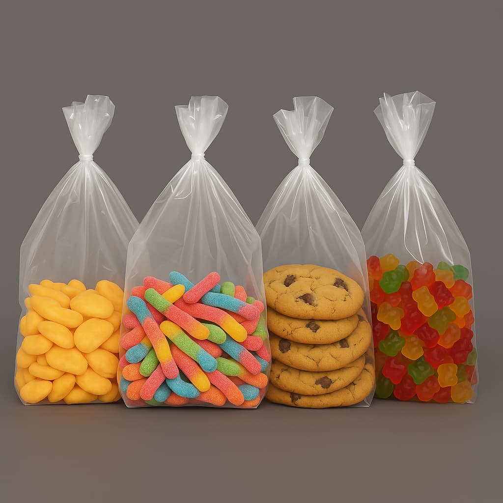 Clear polyethylene poly bags in multiple sizes on a light grey background, ideal for packaging and shipping.