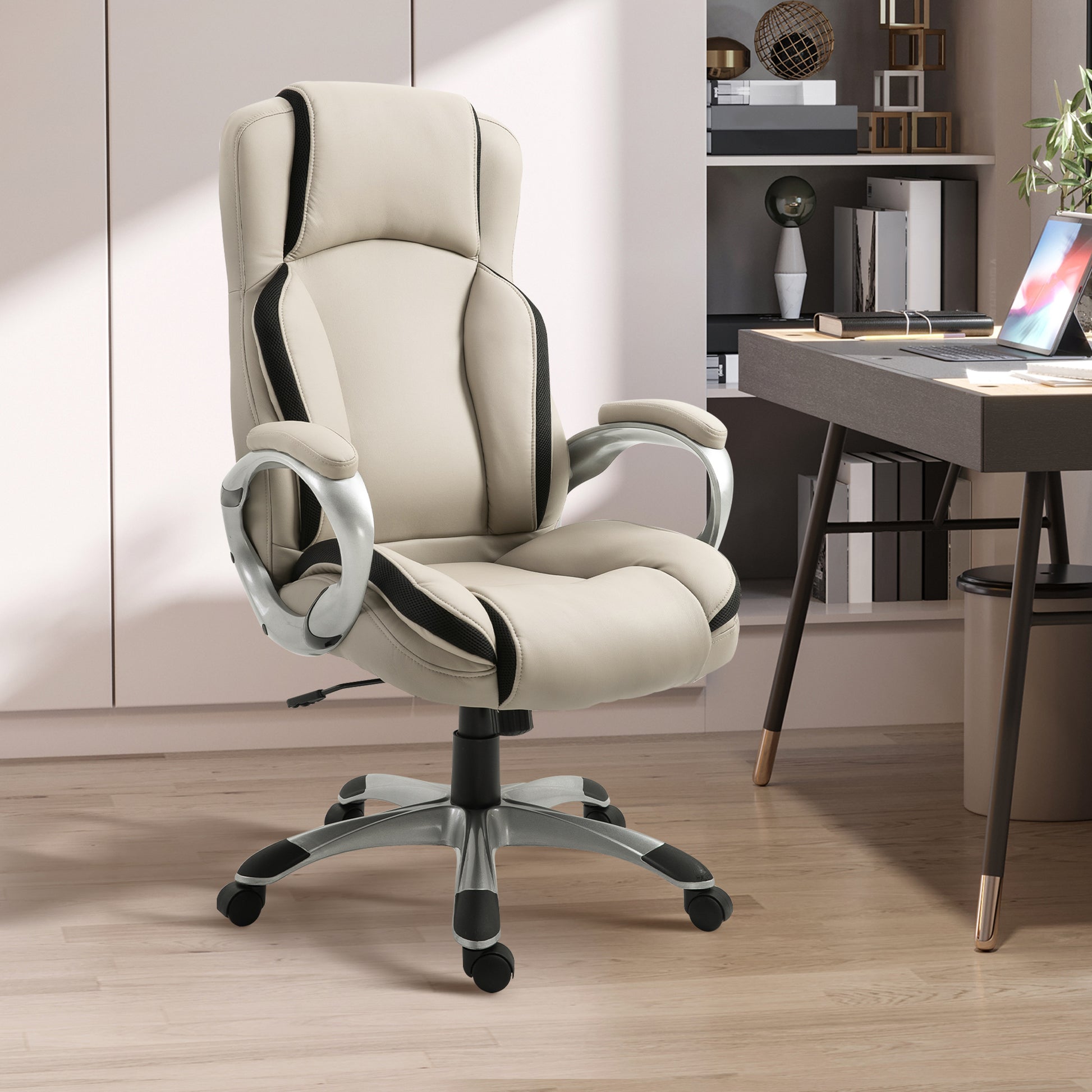 Executive PU Leather Office Chair – Height Adjustable, Ergonomic Swivel with Double Padding – Greige & Black - Depot 365