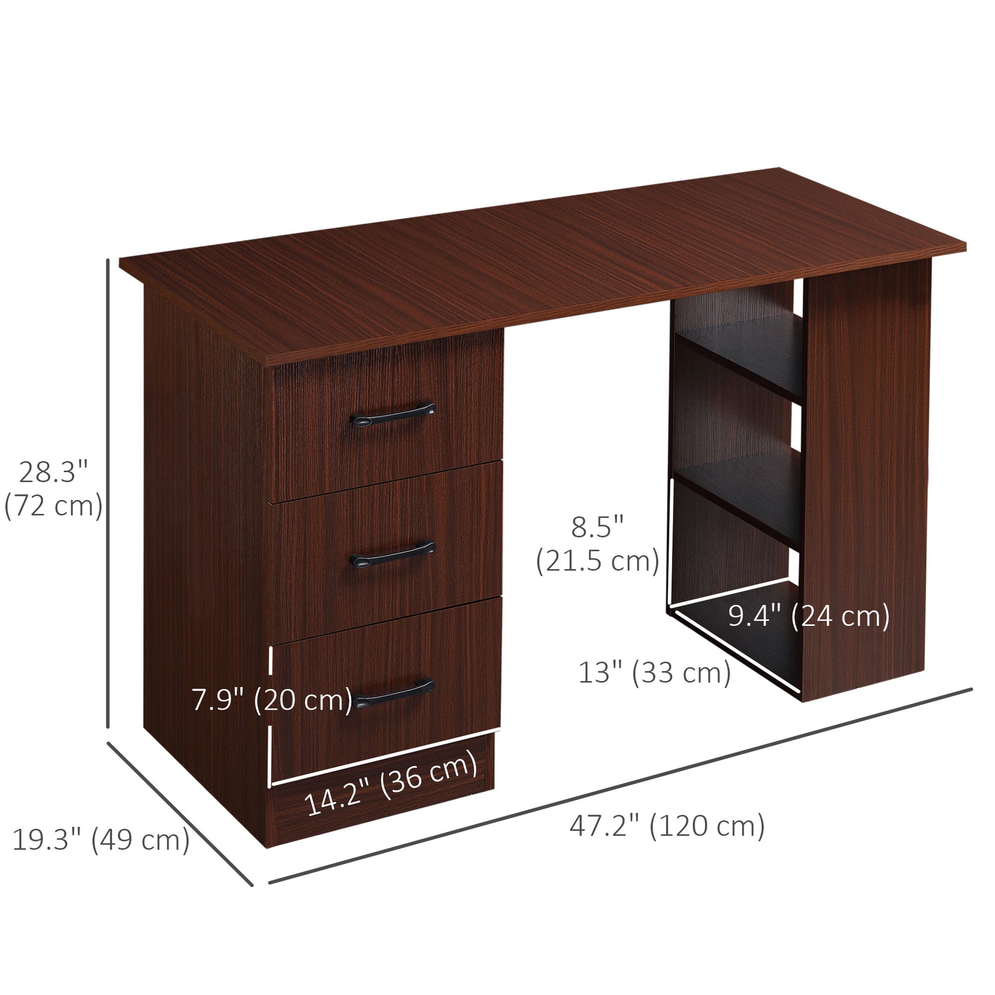 47" Computer Desk with 3-Tier Storage Shelves & Drawers – Walnut Finish - Depot 365