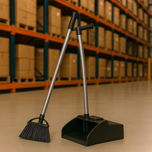 Black Lobby Broom and Dust Pan Set – Standing Upright – Commercial Grade - Depot 365