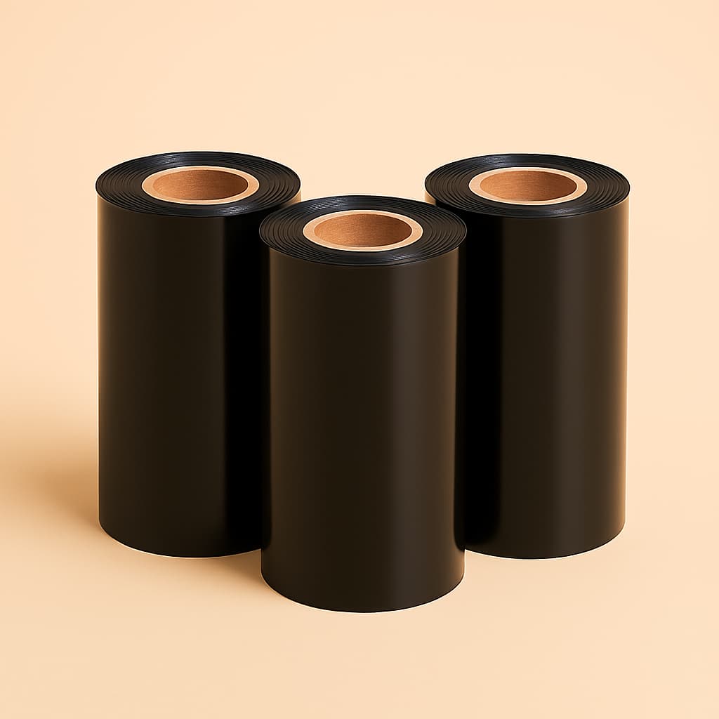 Black wax thermal transfer ribbon roll for Zebra desktop printers, 4.33 inches wide and 244 feet long
