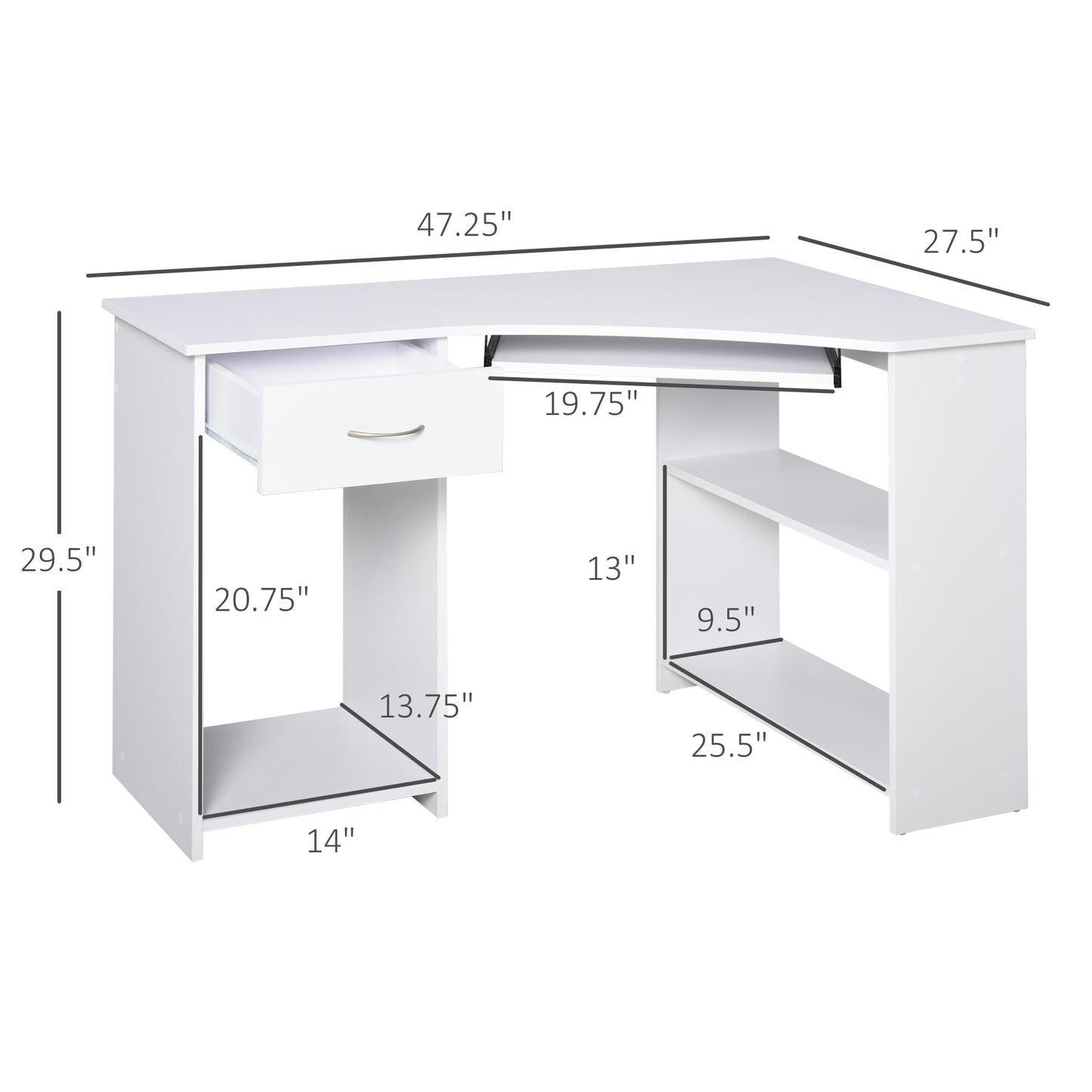 L-Shaped Corner Computer Desk with 2 Storage Shelves, Keyboard Tray, Drawer & CPU Stand – White - Depot 365