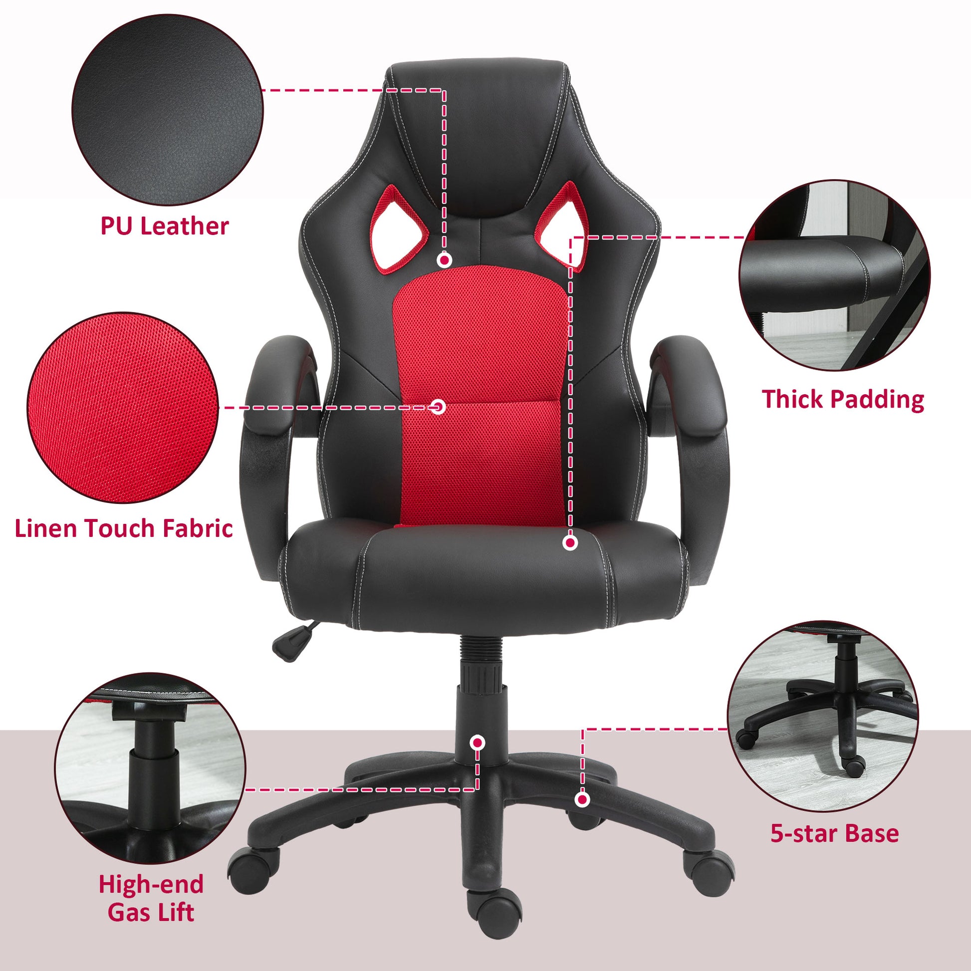 Racecar-Style High-Back Leather Executive Office Chair – Adjustable Height, Tilt Function, 360° Swivel – Red & Black - Depot 365