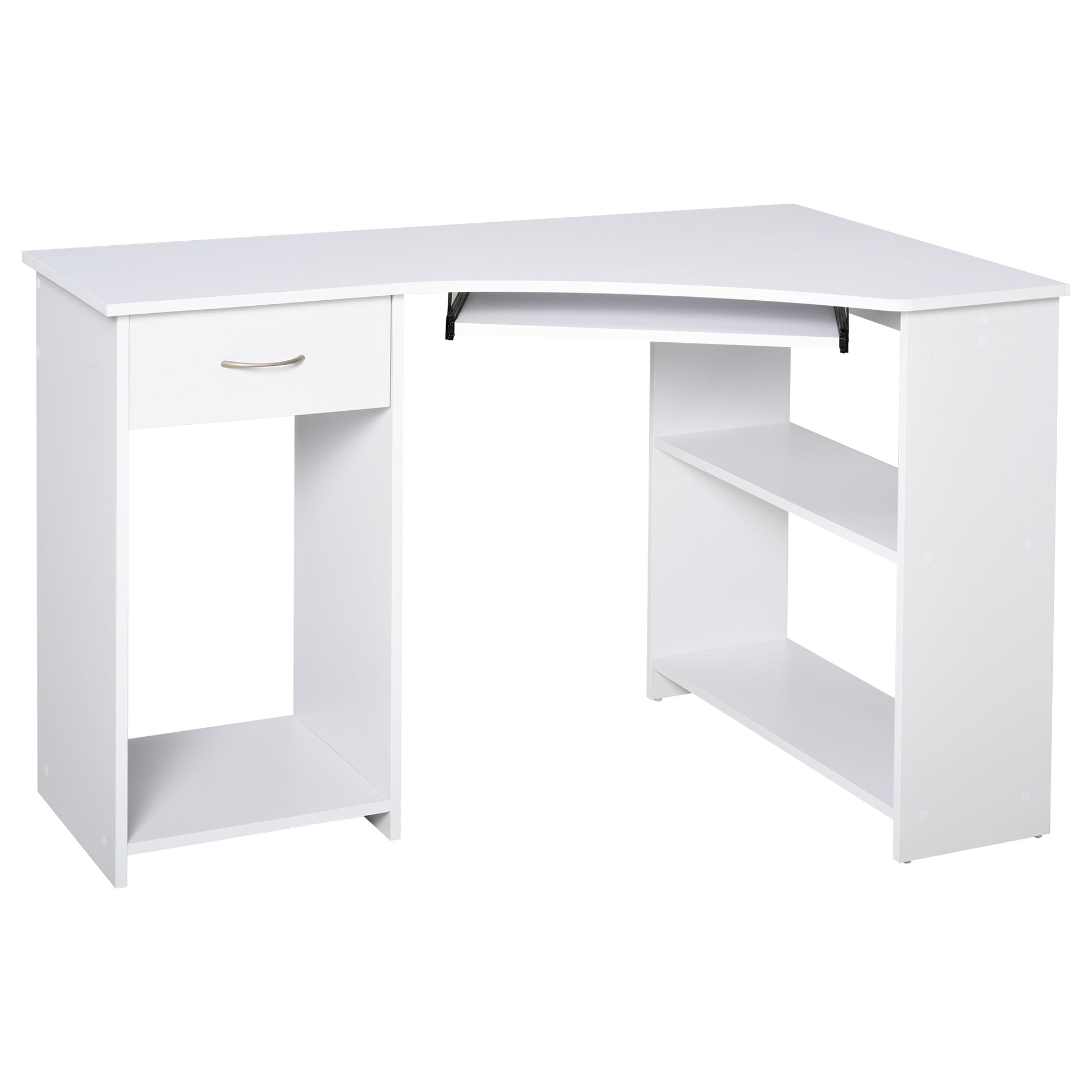 L-Shaped Corner Computer Desk with 2 Storage Shelves, Keyboard Tray, Drawer & CPU Stand – White - Depot 365
