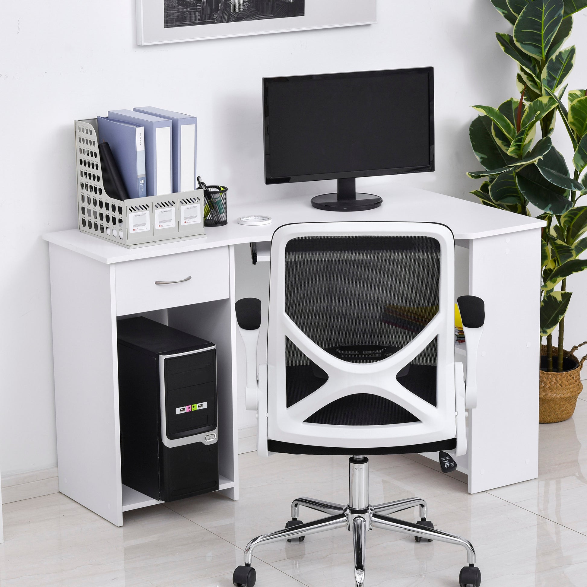 L-Shaped Corner Computer Desk with 2 Storage Shelves, Keyboard Tray, Drawer & CPU Stand – White - Depot 365
