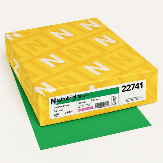 Pack of Astrobrights Gamma Green 8.5 x 11 inch color paper, acid-free and ideal for creative printing.