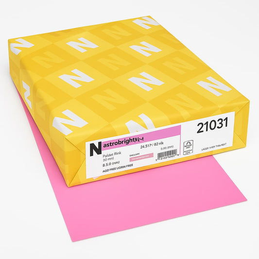 Astrobrights Pulsar Pink 8.5 x 11 inch color paper in a 500-sheet ream, ideal for printing, crafts, and office use.