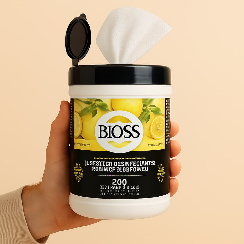 BiOSS Surface Disinfecting Wipes 200 count container, alcohol-free, lemon-scented