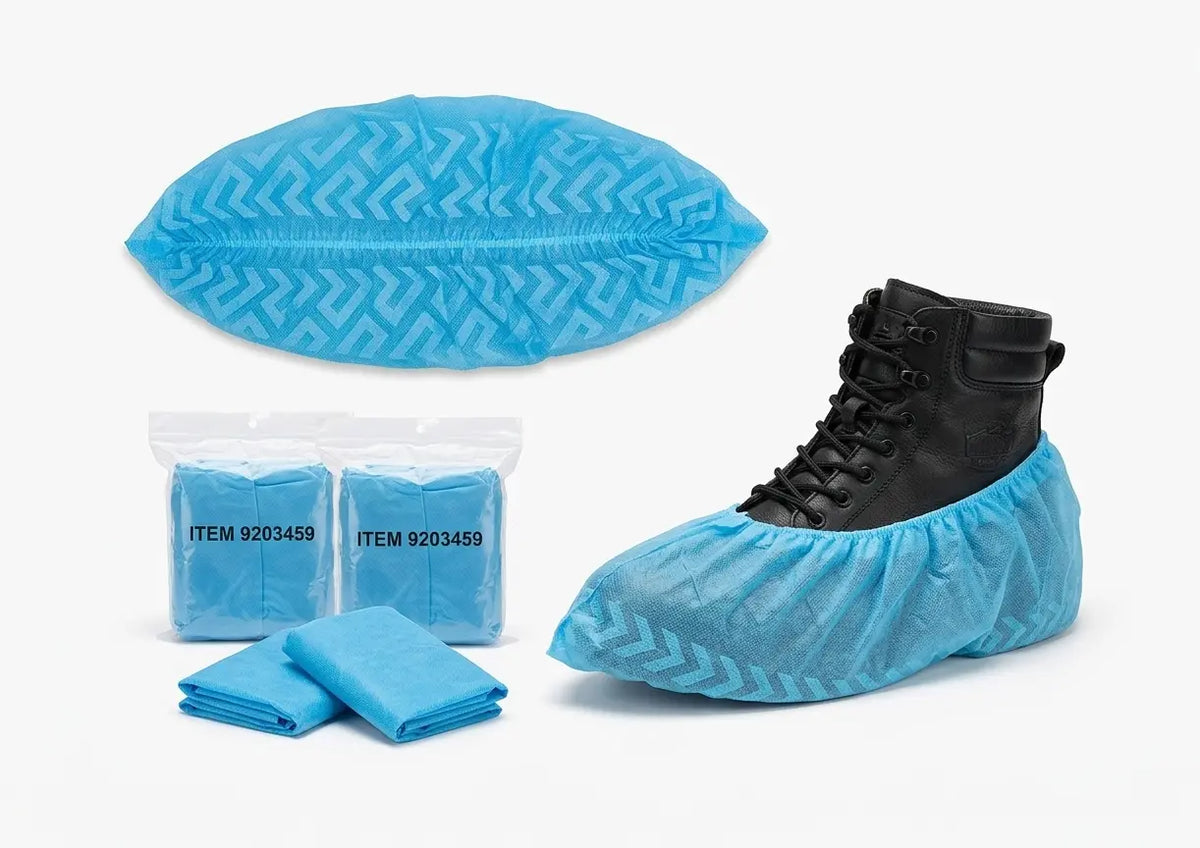Studio product photography of blue disposable polypropylene shoe covers with elastic ankle band on a plain white background.