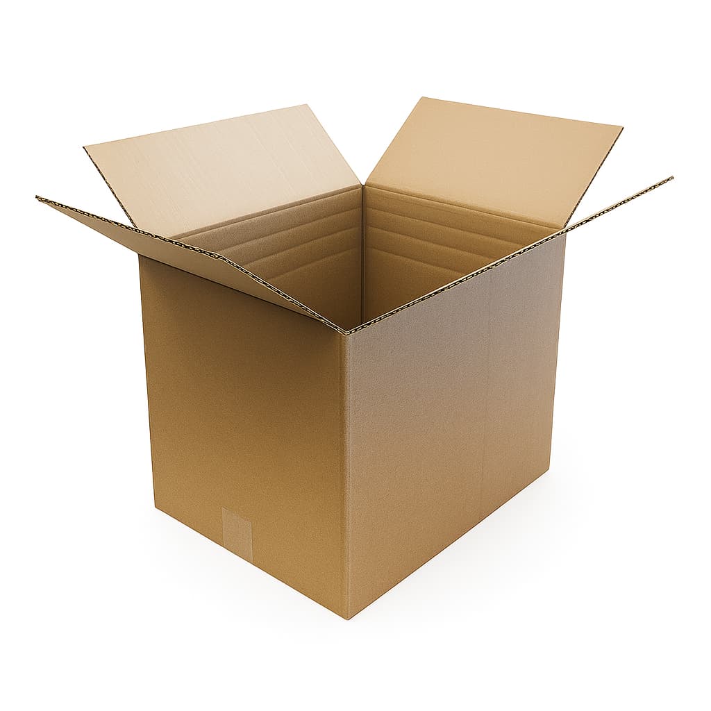 Open brown corrugated cardboard box with partially extended flaps, displayed on a white background
