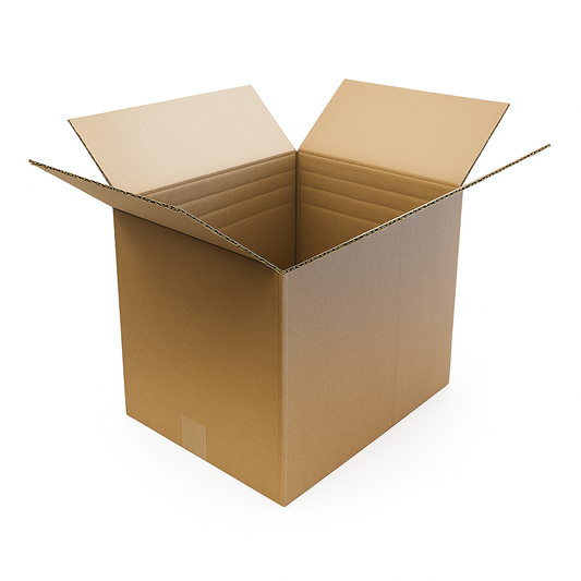 Open brown corrugated cardboard box with partially extended flaps, displayed on a white background.