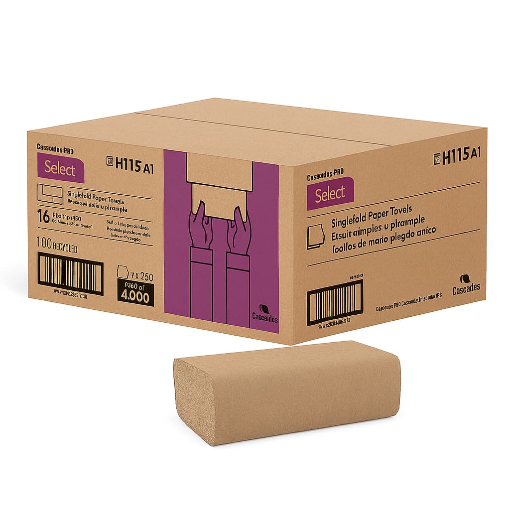 Cascades PRO Select H115 singlefold paper towels box with 16 packs of 250 towels, totaling 4,000 towels. Includes one folded towel displayed in front of the box, set against a white background. UL ECOLOGO certified and ideal for commercial use.