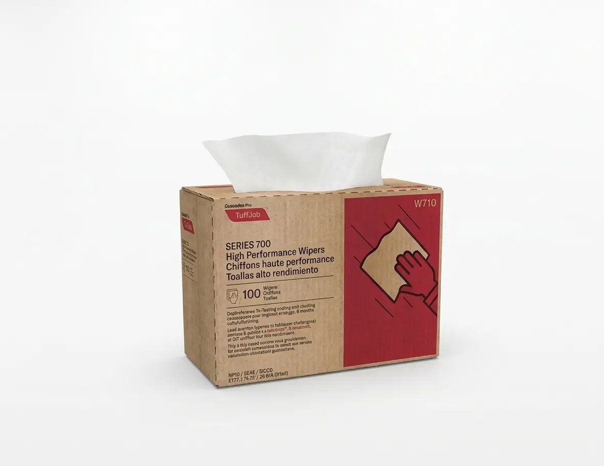 Cascades PRO Tuff-Job Series 700 spunlace high performance industrial wipers pop-up dispenser box with emerging white wiping sheet.