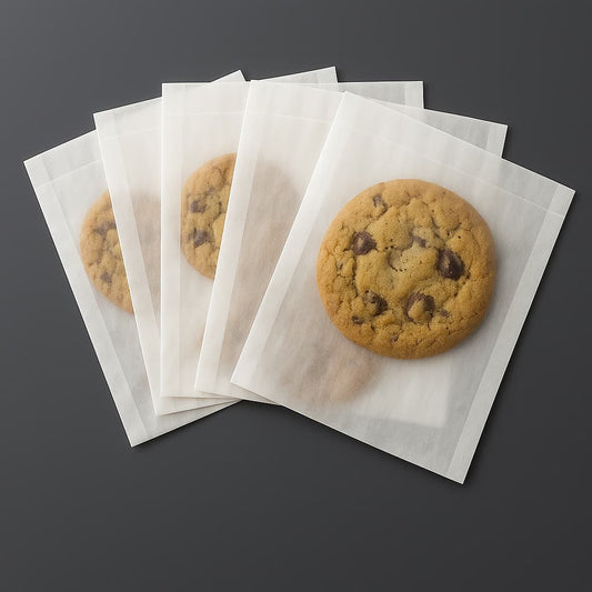 A clean arrangement of clear poly bags filled with assorted cookies, neatly displayed against a soft background. The cookies—visible through the packaging—highlight texture and variety, suggesting freshness and appeal. Perfect for promoting baked goods or packaging products on Depot365.ca..