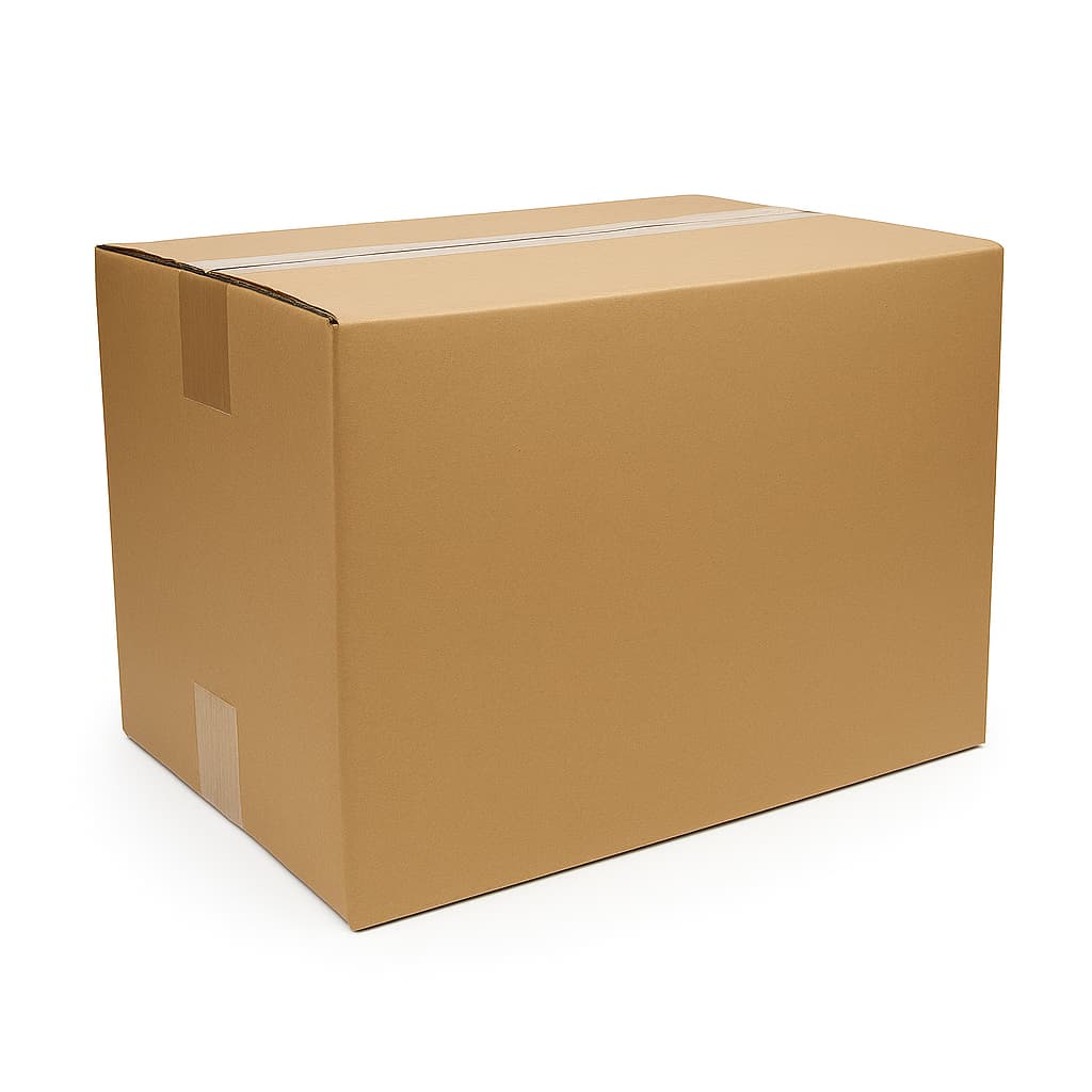 Plain brown corrugated cardboard box sealed with clear packing tape, displayed on a white background. Ideal for Depot365.ca product listings featuring packaging, moving, or shipping supplies.
