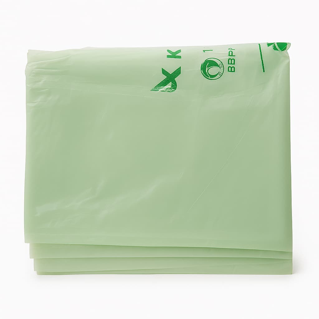 Stack of translucent pale green compostable plastic bags neatly folded, featuring BPI certification logo and compostable printing, displayed on a white background.