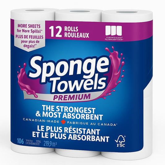 Essuie-tout SpongeTowels Premium – 12 rouleaux, 106 feuilles chacun
