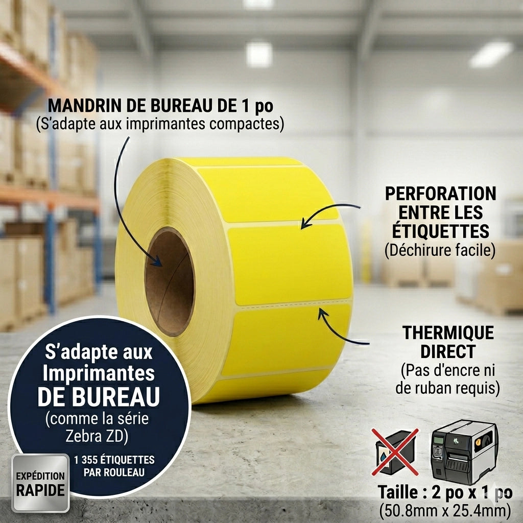 Rouleau individuel de 1 355 étiquettes thermiques directes jaunes 2x1 pouces sur mandrin de 1 pouce pour imprimante de bureau.
