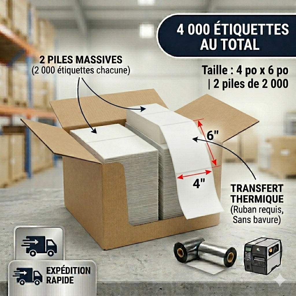 Caisse industrielle de 4 000 étiquettes de transfert thermique 4x6 pouces en accordéon (fanfold) avec deux piles de 2 000 pour impression continue.