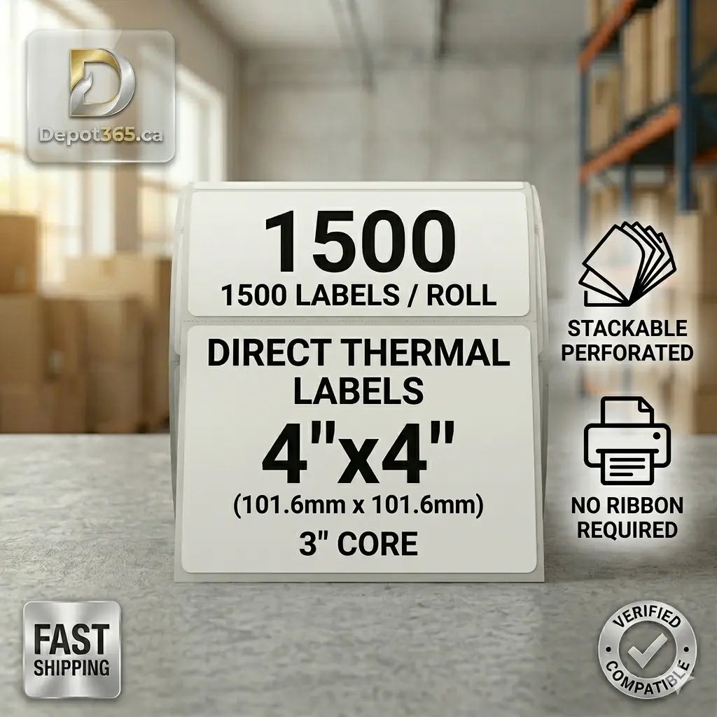 Gros rouleau industriel d'étiquettes thermiques directes blanches 4x4 pouces sur noyau de 3 pouces, 1500 étiquettes par rouleau. Sans ruban requis.