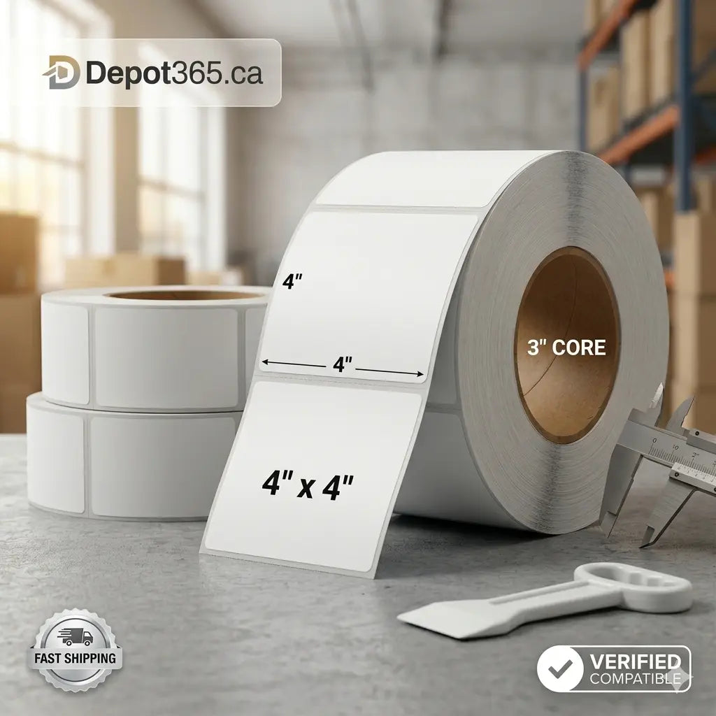 Rouleau d'étiquettes thermiques directes blanches de 4x4 pouces sur noyau de 3 pouces pour imprimantes de codes-barres industrielles.
