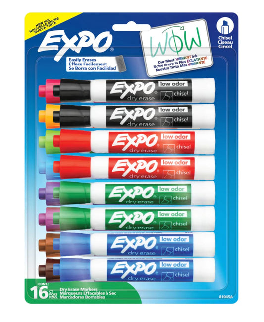 Expo low odor dry erase markers 16-pack with chisel tips in assorted vibrant colors, displayed in retail packaging with WOW label and blue background. Ideal for Depot365.ca listings featuring whiteboard, office, or school supplies.