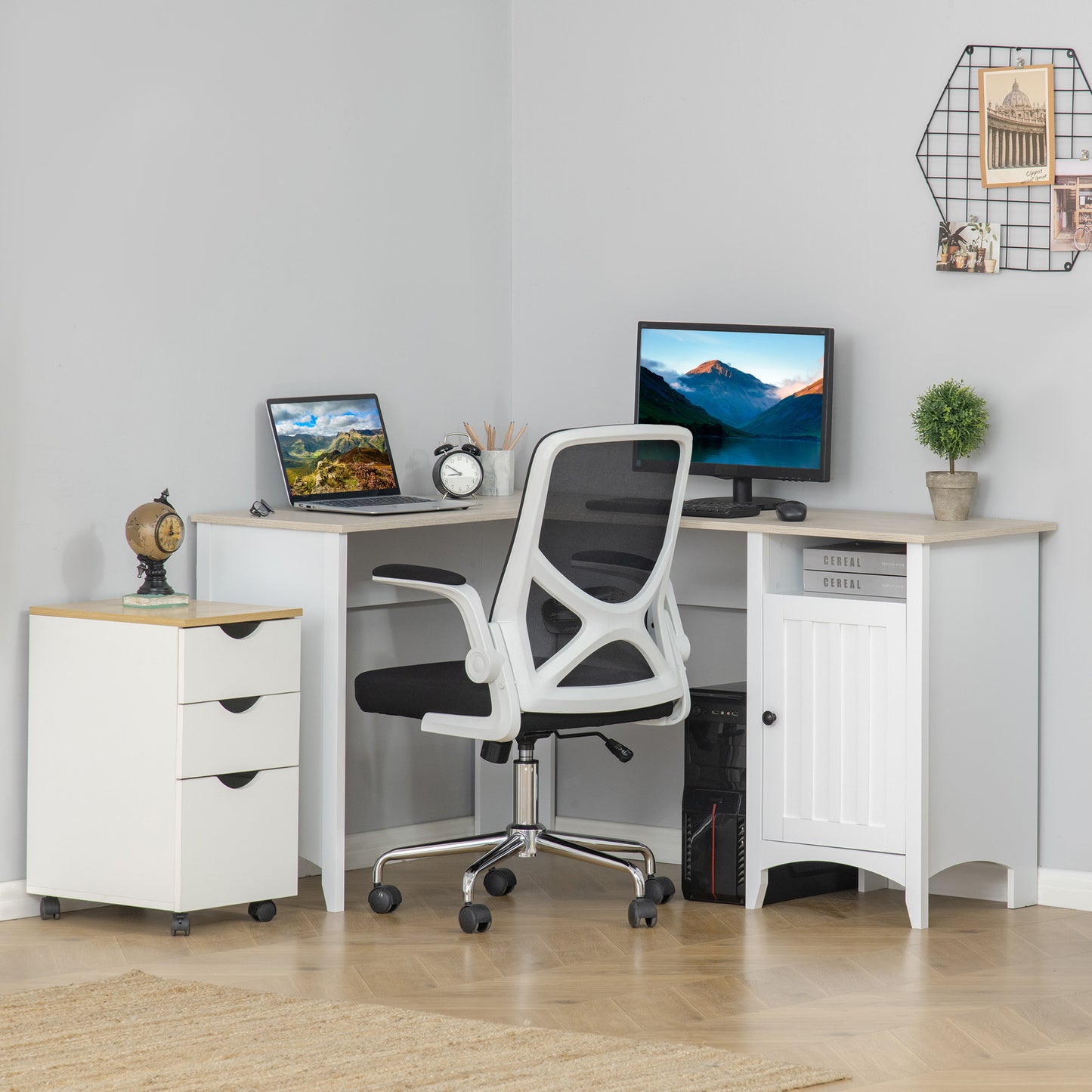 L-Shaped Corner Desk with Storage Cabinet & Adjustable Shelf – White - Depot 365