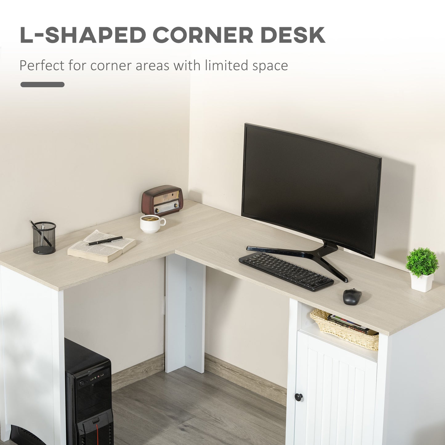 L-Shaped Corner Desk with Storage Cabinet & Adjustable Shelf – White - Depot 365