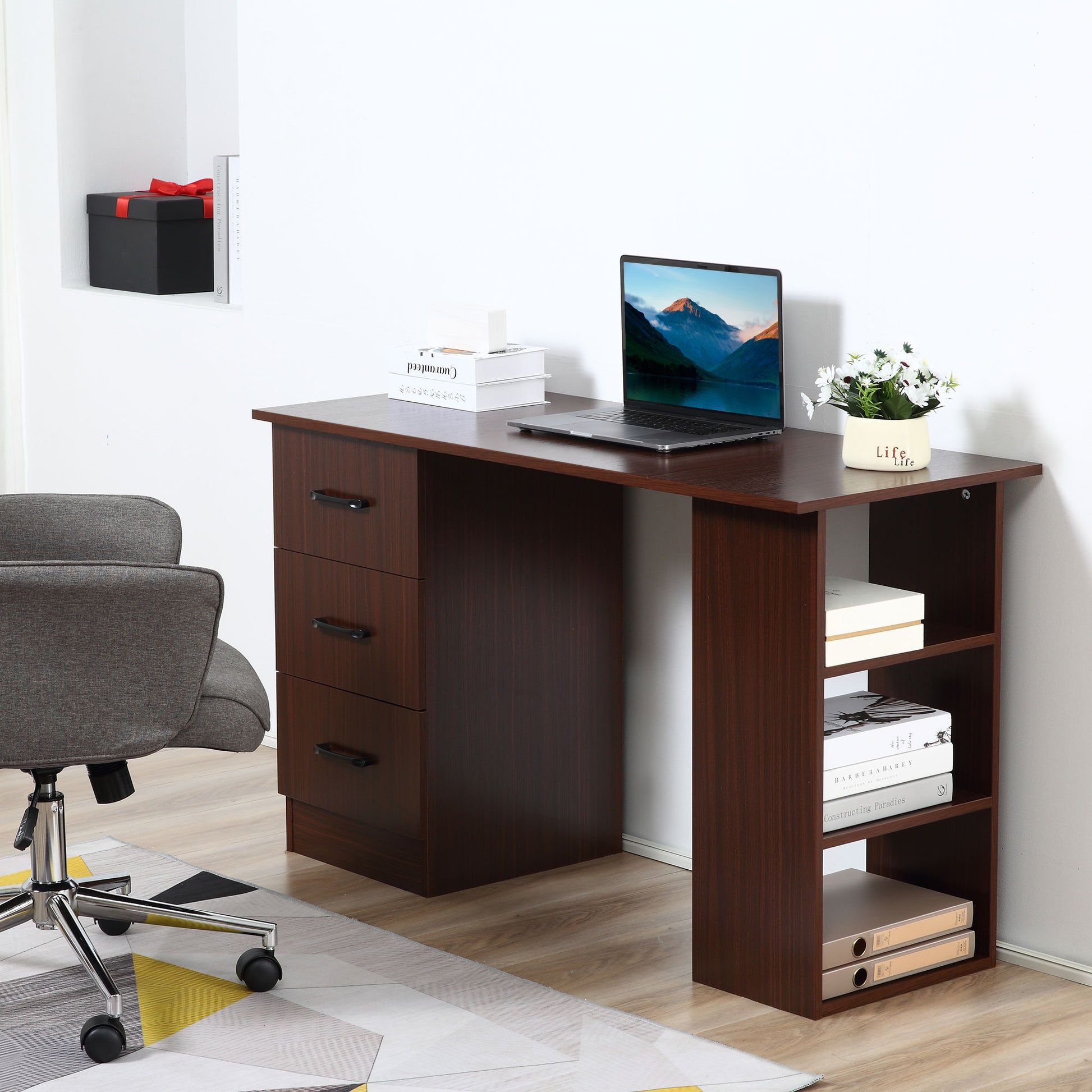 47" Computer Desk with 3-Tier Storage Shelves & Drawers – Walnut Finish - Depot 365