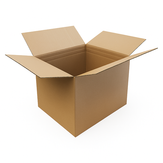 Open brown corrugated cardboard box with all flaps extended outward, displayed on a white background.