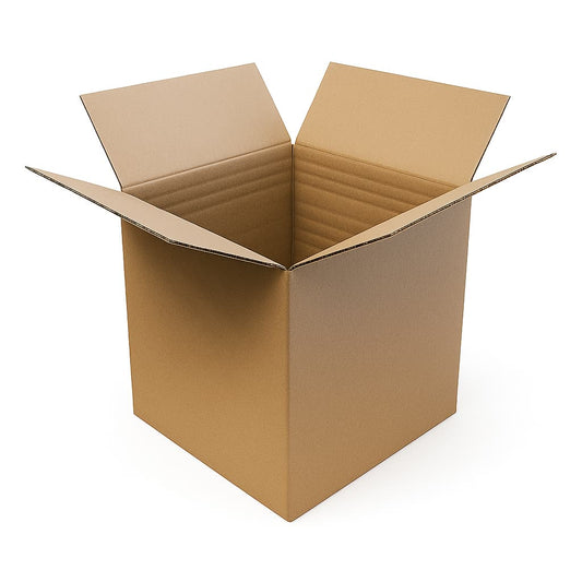 Open corrugated cardboard shipping box with flaps extended outward, displayed on a white background. Ideal for packaging, storage, or eCommerce product listings.