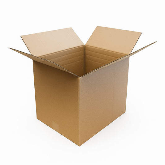 Open corrugated cardboard box with partially extended flaps, displayed on a white background.