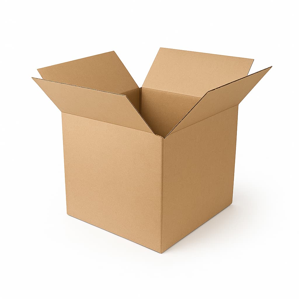 Open corrugated cardboard box with flaps extended outward, set against a white background. Ideal for packaging, shipping, or storage product listings on Shopify.