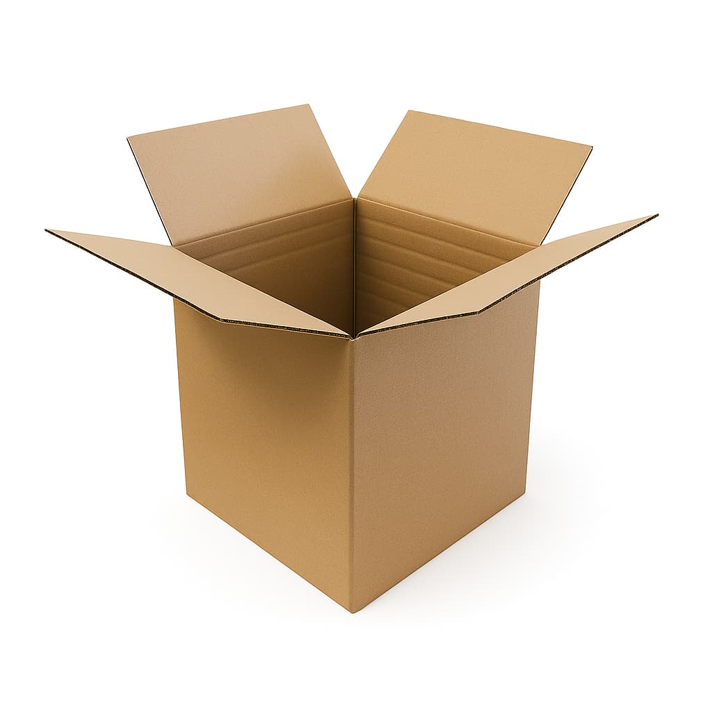 Open corrugated cardboard shipping box with flaps extended outward, displayed on a white background.