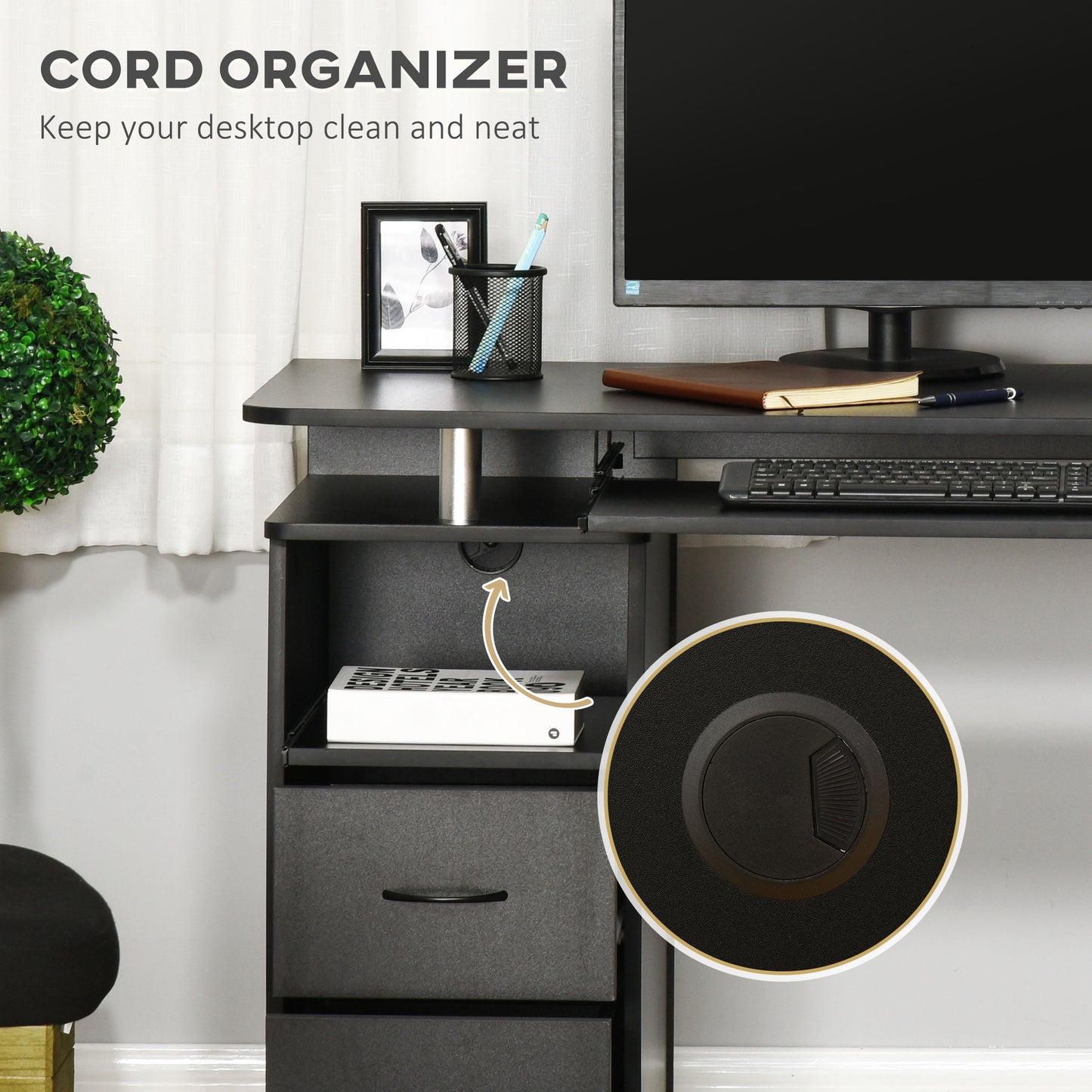 Multi-Function Computer Desk with Keyboard Tray, CPU Stand & Storage Drawers – Black - Depot 365