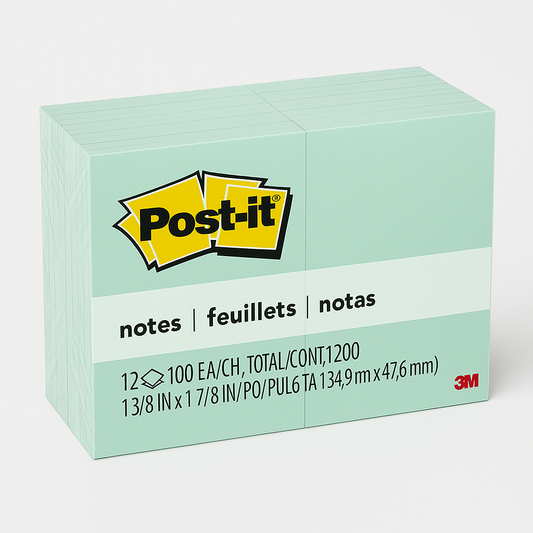 12 pads of 3M Post-it sticky notes in Marseille pastel colours, 1.5" x 2", shown stacked on a white background