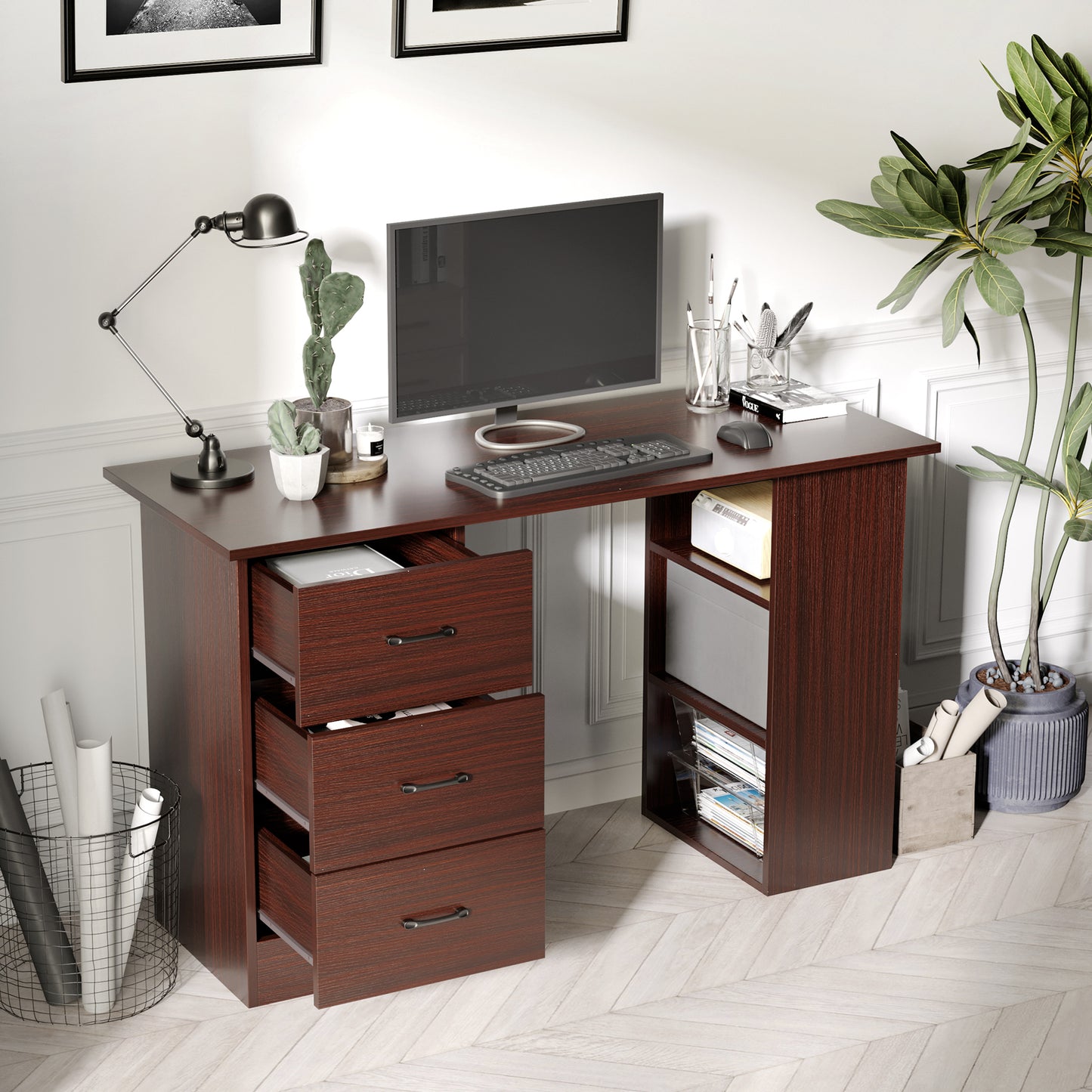 47" Computer Desk with 3-Tier Storage Shelves & Drawers – Walnut Finish - Depot 365