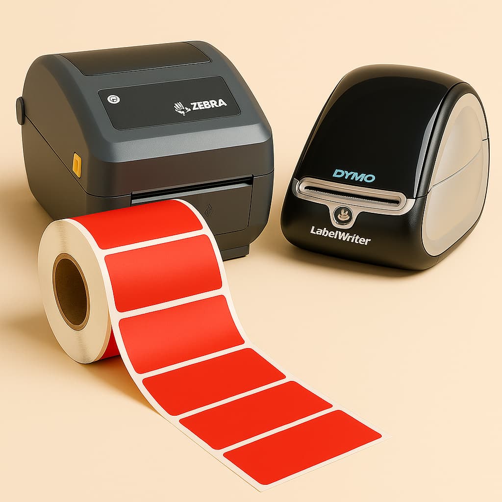 Red direct thermal labels 3x1, 1 inch core, 1300 labels per roll – Zebra, Dymo, Rollo compatible