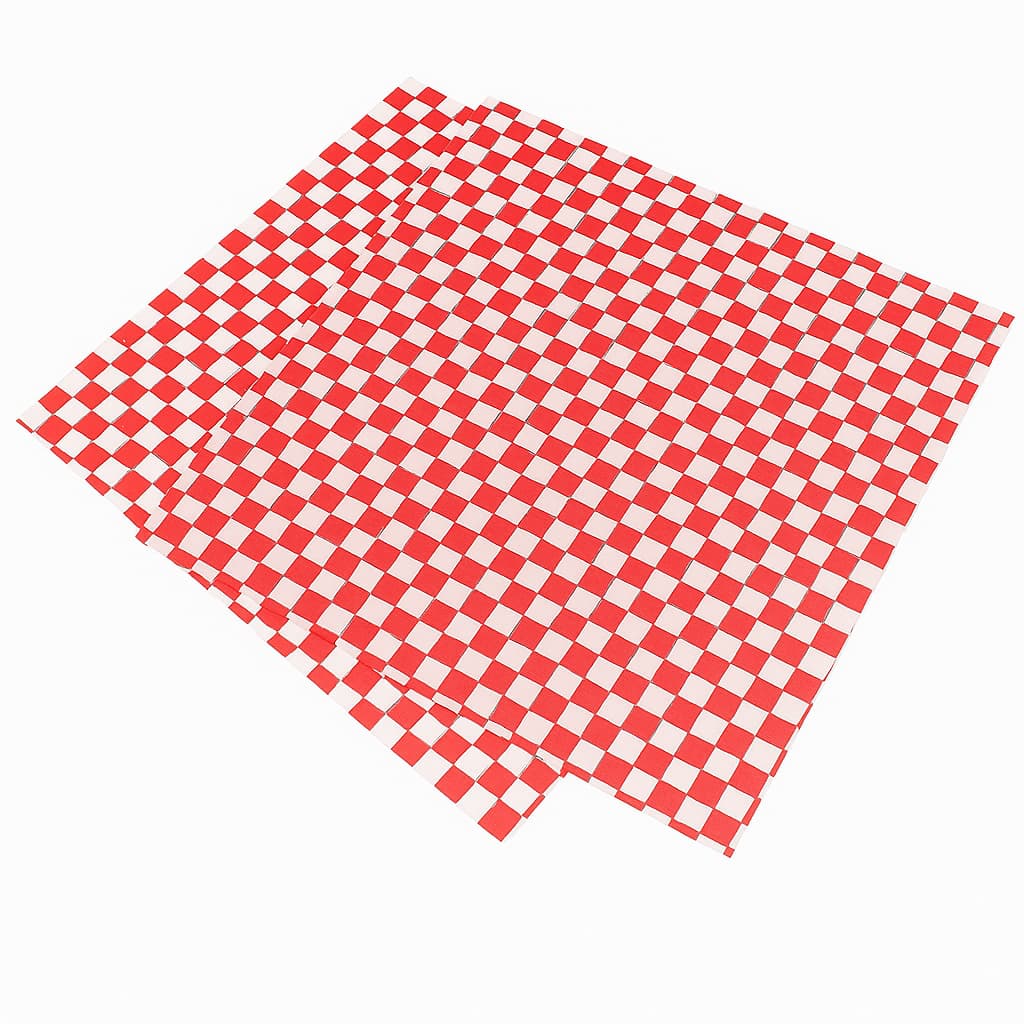 Three overlapping sheets of red and white checkered food wrap paper, arranged on a white background. Each sheet features a classic gingham pattern, ideal for foodservice, deli presentation, or picnic-themed packaging.