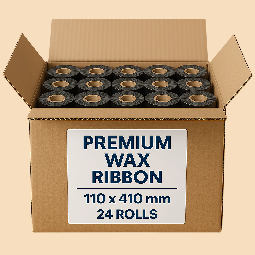 Rouleau industriel de ruban transfert thermique noir cire/résine premium, largeur 4,33 pouces par 1345 pieds de long, noyau de 1 pouce.