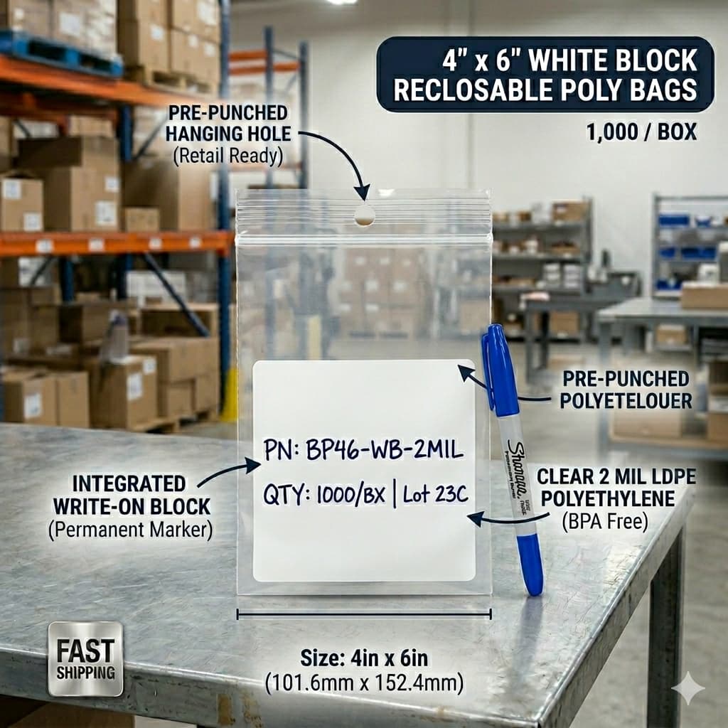 Boîte de 1 000 sacs de polyéthylène transparents 4x6 po avec une zone blanche inscriptible et un trou de suspension pour présentoir.