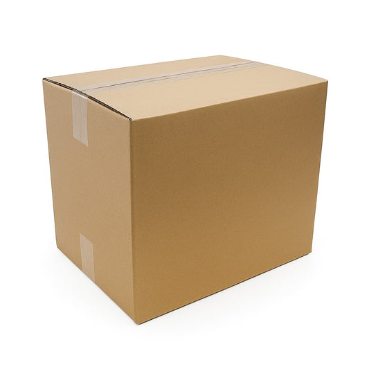 Sealed brown corrugated cardboard shipping box with tape applied across the top flaps, displayed on a white background.