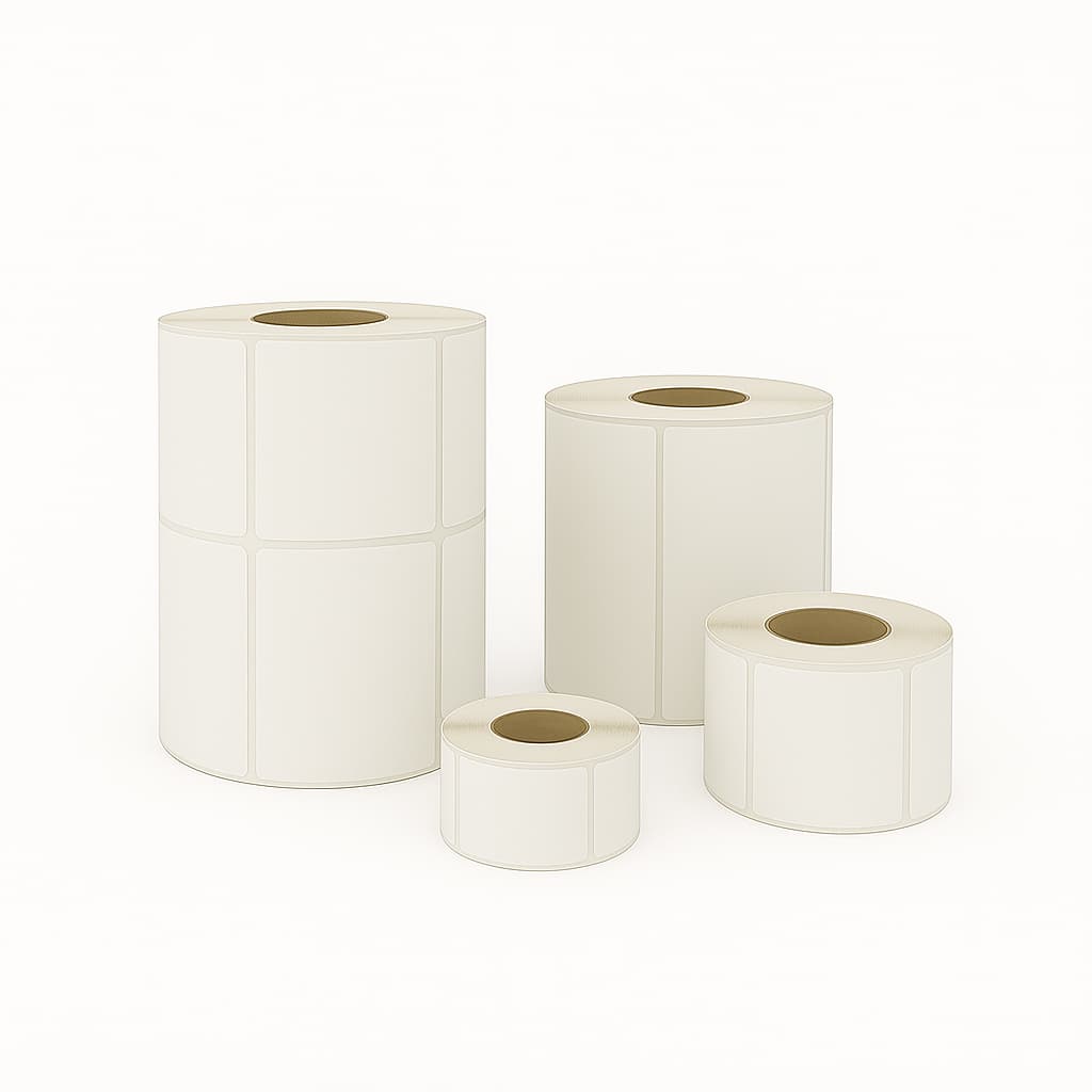 A clean display of direct thermal shipping label rolls in varying sizes, arranged on a neutral backdrop. The rolls are clearly visible, showcasing width and diameter differences to highlight product variety—ideal for e-commerce shipping and logistics.