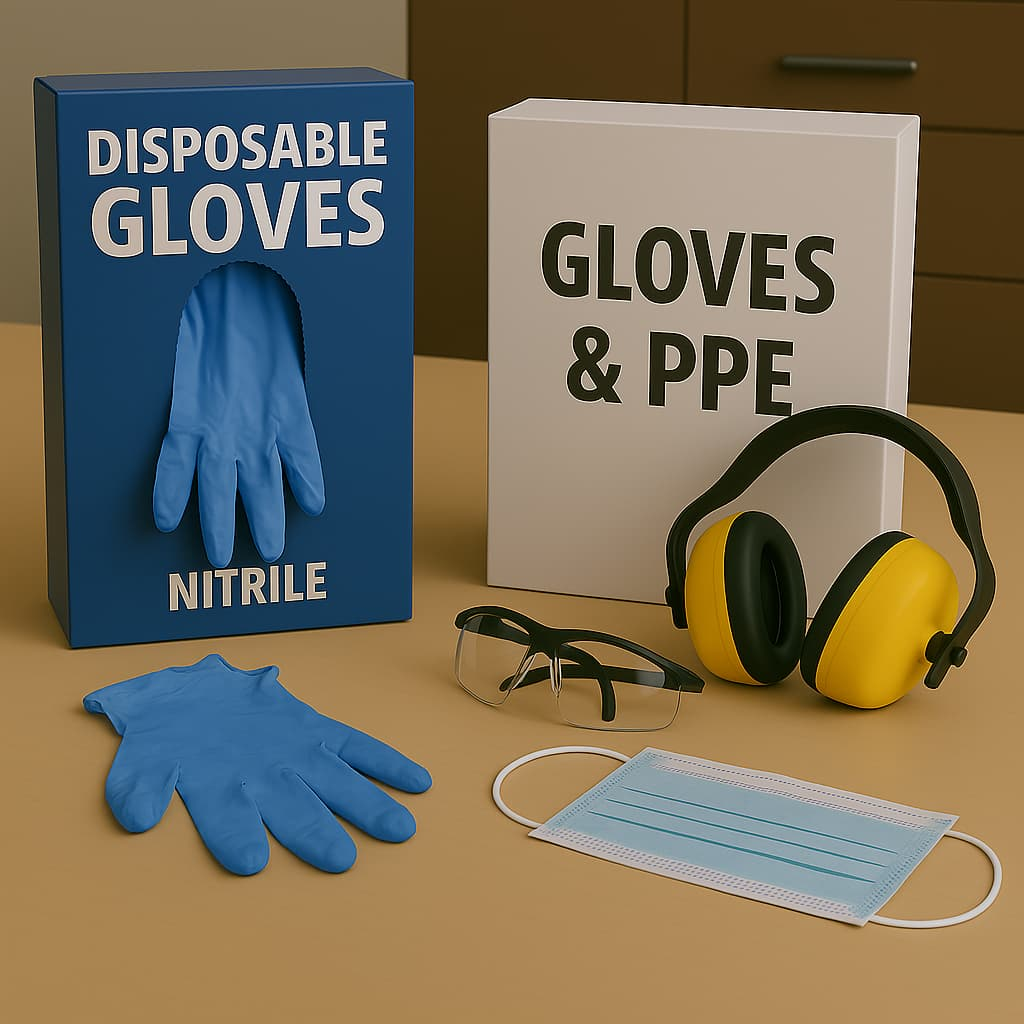 PPE kit featuring disposable nitrile gloves, safety glasses, yellow and black earmuffs, a blue face mask, and boxed protective gear — essential for workplace safety, hygiene, and protection across industrial and healthcare settings.