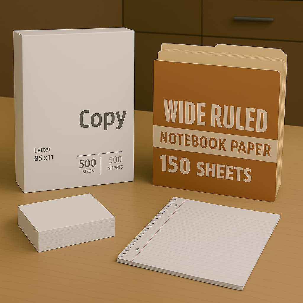 Paper product bundle featuring 8.5 x 11" copy paper (500 sheets), 150-sheet wide-ruled notebook paper, blank index cards, and a lined sheet with red margin — ideal for school, office, or everyday writing needs.