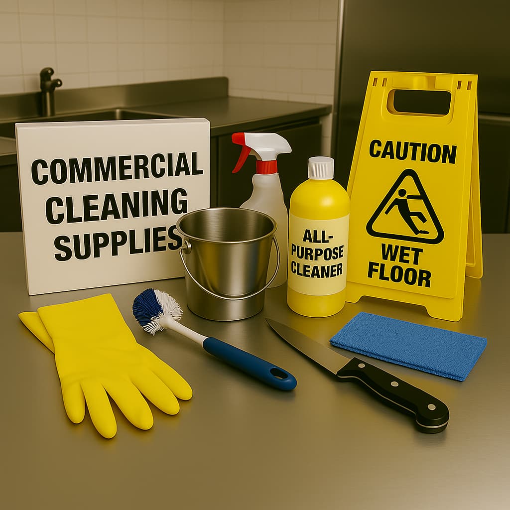 Commercial cleaning kit featuring disinfectant spray bottles, scrubbing brushes, microfiber cloths, mop bucket, gloves, and sanitizer — ideal for janitorial tasks in offices, schools, and industrial settings.