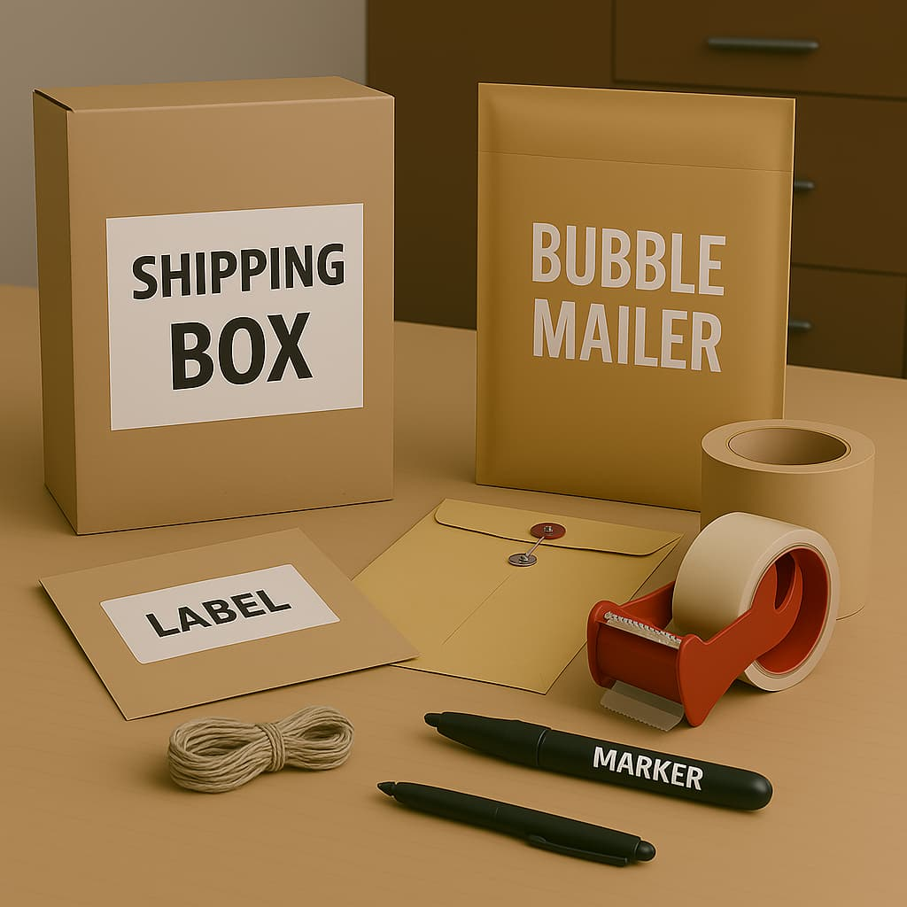Shipping supply kit featuring a cardboard box, bubble mailer, label sheet, packing tape with dispenser, twine roll, black marker, pen, and clasped manila envelope — ideal for securely packaging and mailing products.