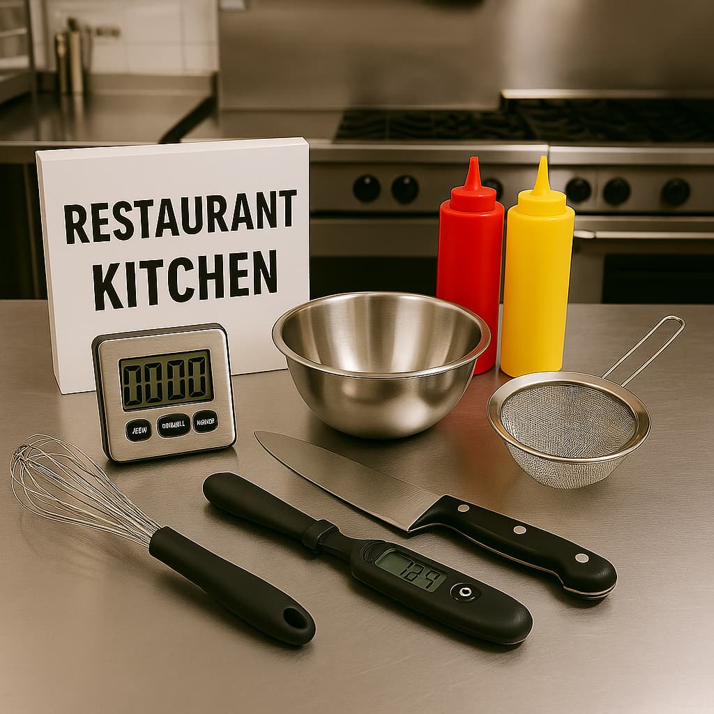 Restaurant kitchen setup featuring stainless steel cookware, utensils, mixing bowls, cutting boards, knives, spice containers, and chef tools — ideal for professional culinary prep in busy commercial kitchens.