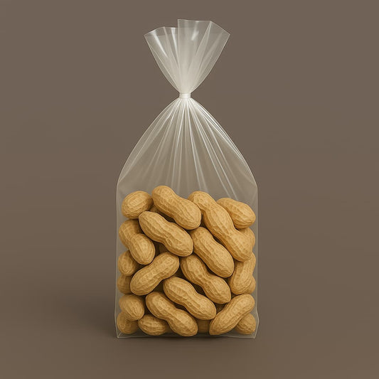 10 lb poly bag sized 7 x 3 x 20 inches, made of clear polyethylene, ideal for medium food packaging and commercial use.
