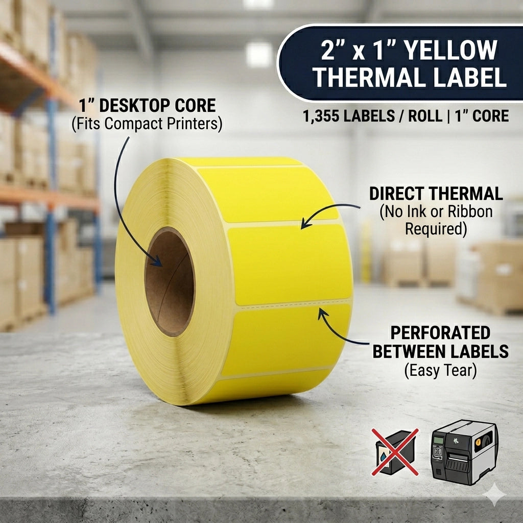 Single roll of 1,355 bright yellow 2x1 inch direct thermal labels on a 1-inch core for desktop printers.